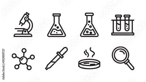 Science Icons Set: Microscope Flasks Test Tubes Pipette Petri Dish Magnifier