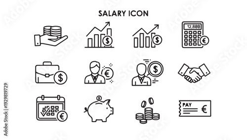 Salary Finance Icons Set: Coins Graphs Calculator Piggy Bank Calendar Paycheck