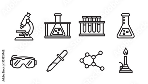 Science Laboratory Icons Set: Microscope Beaker Test Tubes Goggles Dropper Molecule Burner