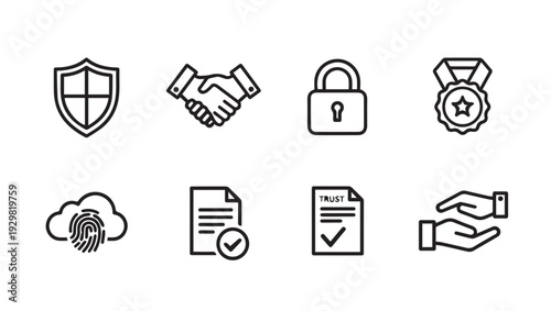 Security and Trust Icons: Shield Handshake Lock Medal Fingerprint Document Hands