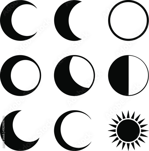Illustration of the eight phases of the moon and the sun Vector