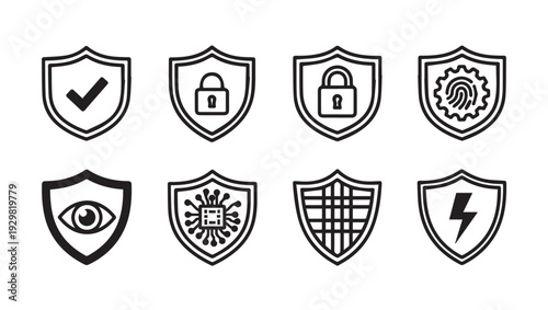 Security Icons Shield Collection Check Mark Padlock Fingerprint Eye Chip Grid Lightning Bolt