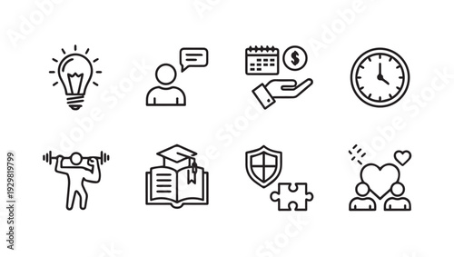 Set of 8 Basic Icons Representing Life Concepts and Goals Line Art