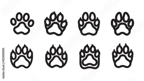 Set of eight dog paw print icons black outline on white background simple vector graphics