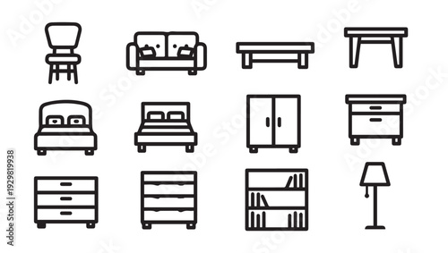 Set of Furniture Icons: Chair Sofa Table Bed Wardrobe Dresser Lamp Bookshelf