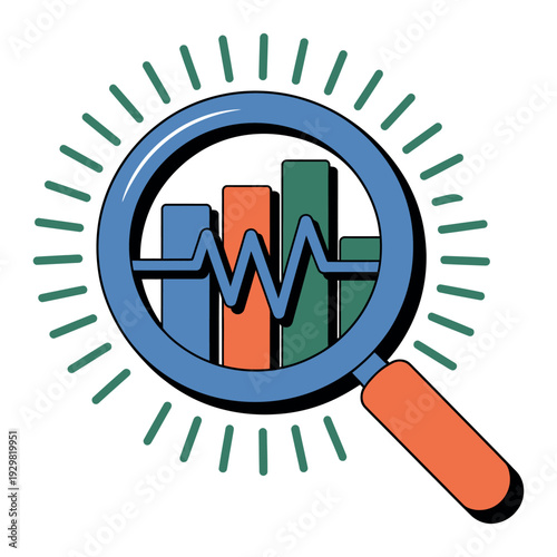 A magnifying glass analyzing colorful bar graphs with a vibrant blue heartbeat line