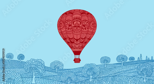 red hot air balloon flying over countryside landscape