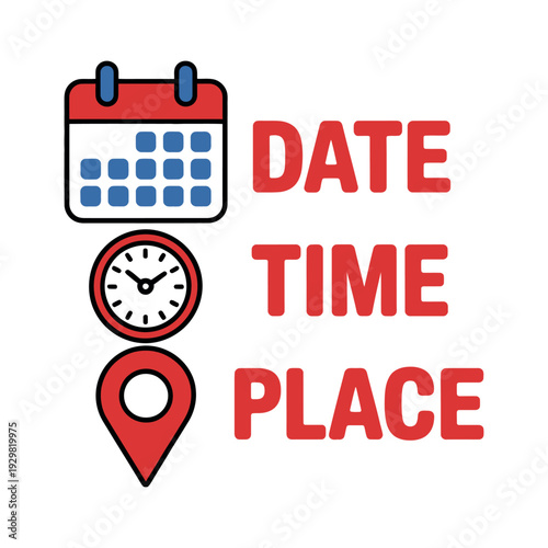 A graphic illustration of date, time, and place icons on a white background