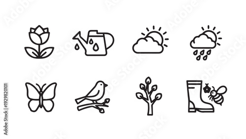 Spring Icons Set: Flower Watering Can Sun Rain Butterfly Bird Tree Boot Bee