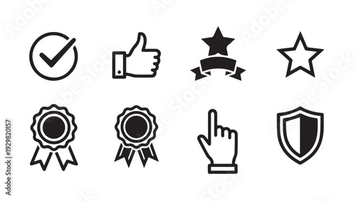 Success Icons Collection: Checkmark Thumbs Up Stars Ribbons Hand Pointer Shield