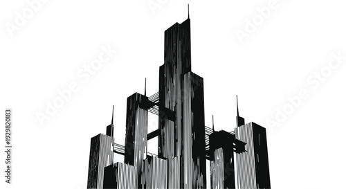 Modern cityscape skyline with sleek skyscrapers and urban architecture in black and white illustration