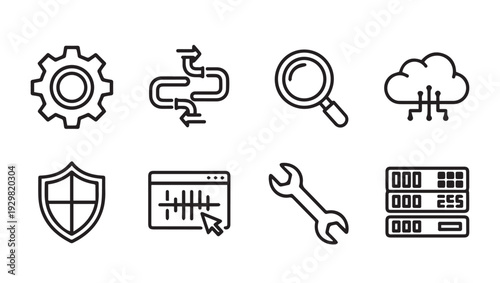 Technology Icons Set: Gear Flowchart Magnifying Glass Cloud Shield Settings Wrench Server Racks