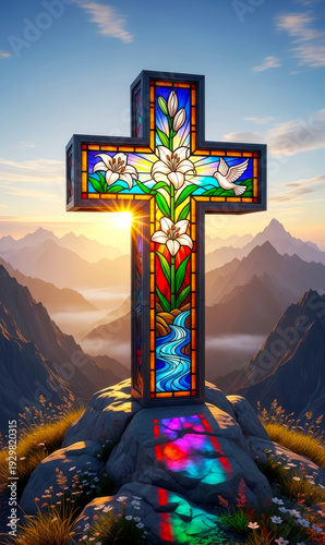 Stained glass сross standing on a mountain peak at sunrise. Symbolic of faith, peace, and renewal.	