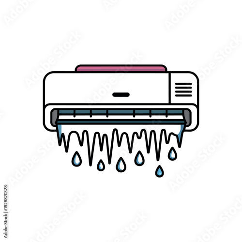 A cartoon air conditioner with water dripping from it on a white background