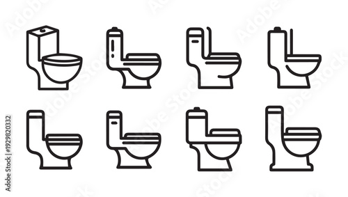Toilet Icon Collection: Various Modern Bathroom Fixture Designs in Outline Style
