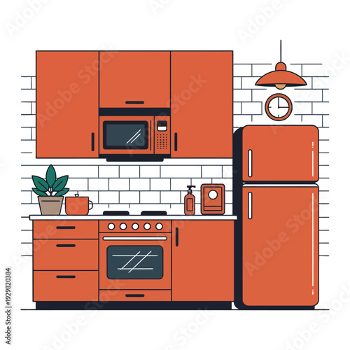 A modern kitchen with orange cabinets and appliances on a white background