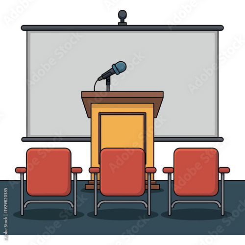 A cartoon illustration of a conference room with a podium and chairs