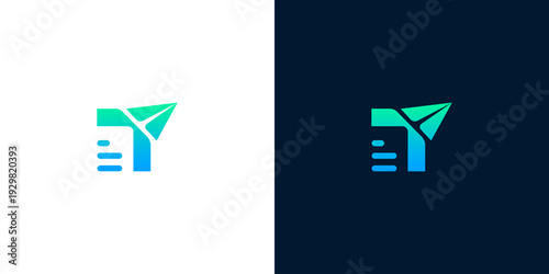 Creative abstract letter Y logo design in gradient blue and green with minimalistic geometric elements and lines on white and dark backgrounds