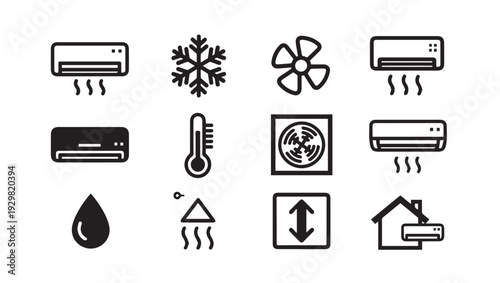 Air Conditioning Icons Set: Cooling Heating Fan Thermometer Snowflake Water Drop House