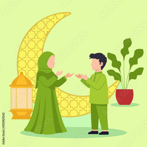 Muslim Couple Sharing Eid Mubarak Greeting.
