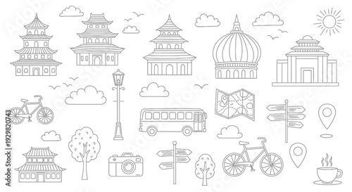 Collection of Asian Travel and Landmark Line Art Icons.