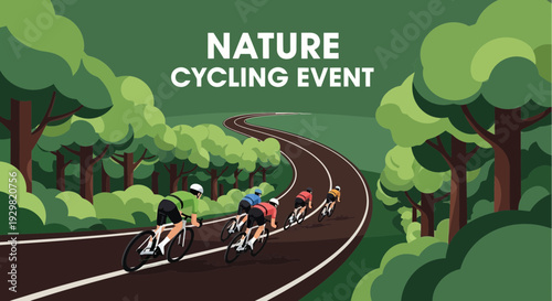 Cycling Event In Nature Depicts Road Race Through Lush Green Forest Scenery