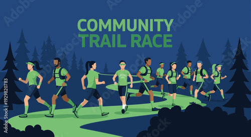 Community Trail Race Depicting Group Of Runners Navigating Wilderness Trails In The Evening
