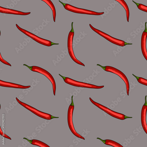 Seamless pattern of red chili peppers (Capsicum annuum L) on brown background.