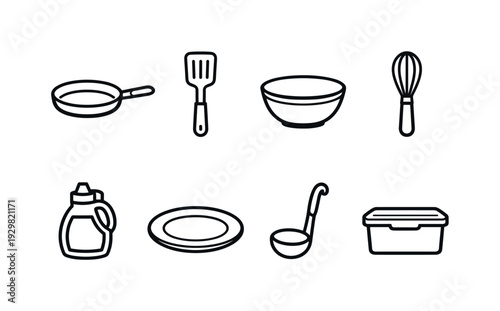 ZHome pancake making items: frying pan, spatula, mixing bowl, whisk, syrup bottle, plate, ladle, storage container