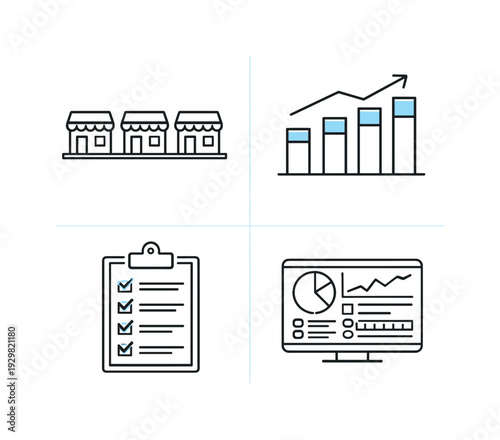 Digital franchise management and multi-location business coordination in retail and service industries, illustrating location oversight, performance