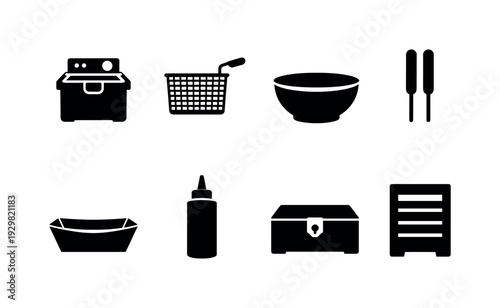Corn dog stand equipment: deep fryer, fryer basket, batter bowl, wooden stick, paper tray, ketchup bottle, cash box, menu board