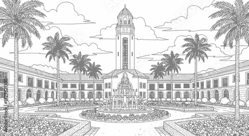 Grand architectural building with a central tower and courtyard.