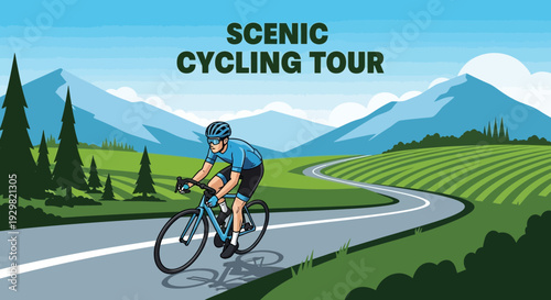 Cyclist Enjoying Scenic Countryside Tour With Lush Green Fields and Majestic Mountains View