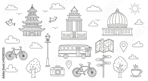 Hand drawn travel and tourism doodle set with famous landmarks.