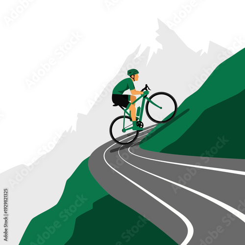 Cyclist Ascends Mountain Road: A Vibrant Vector Illustration Depicting Outdoor Adventure
