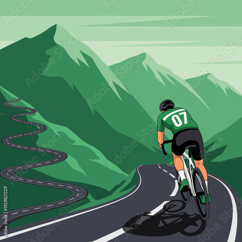 Cyclist Ascends Winding Road Amidst Mountainous Terrain, Achieving Athletic Excellence