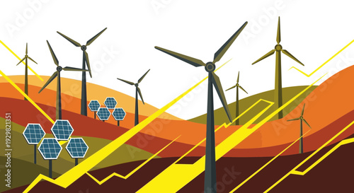renewable energy, wind turbines and solar panels landscape