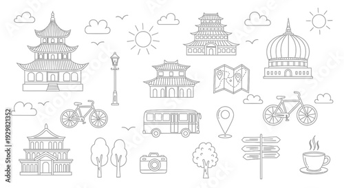 Hand drawn travel and tourism doodles with famous landmarks and transportation.