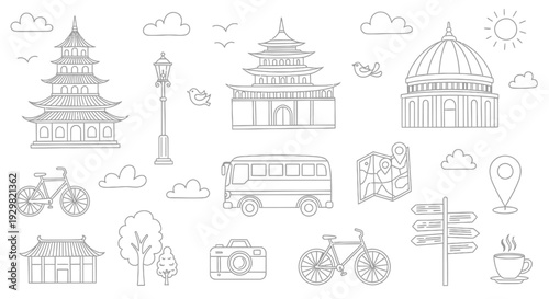 Hand drawn travel and tourism elements set with famous landmarks and transportation.