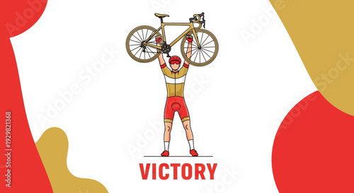 Cyclist Celebrates Victory Holding Bicycle High In The Air After Achieving Win