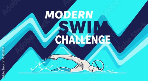 Contemporary Swimming Event Poster With Sporty Swimmer Underneath Blue and Navy Background