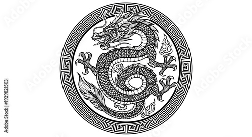 Intricate Black and White Chinese Dragon in a Circular Frame.