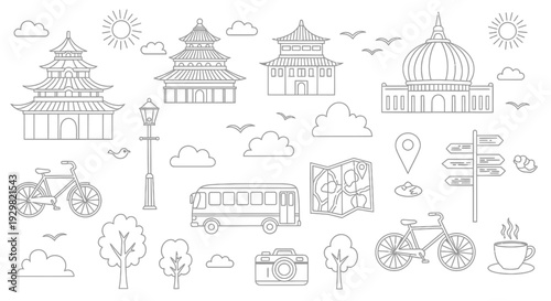 Outline drawings of various travel and tourism related objects and landmarks.