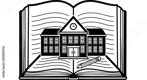 School building on an open book with a pencil.