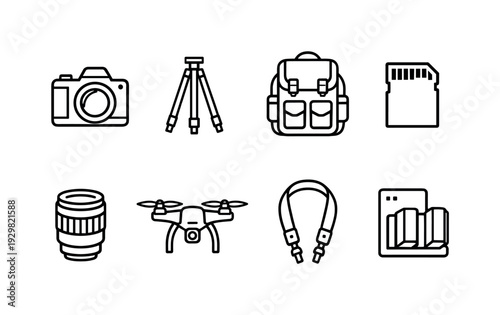 Travel photography gear: camera, tripod, camera bag, memory card, lens, drone, neck strap, battery charger