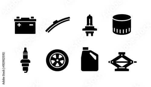 Auto parts store items: car battery, windshield wiper, headlight bulb, oil filter, spark plug, car tire, motor oil bottle, car jack