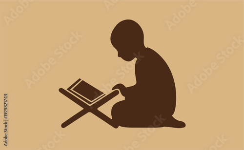 Silhouette of Child Reading Book on Stand.