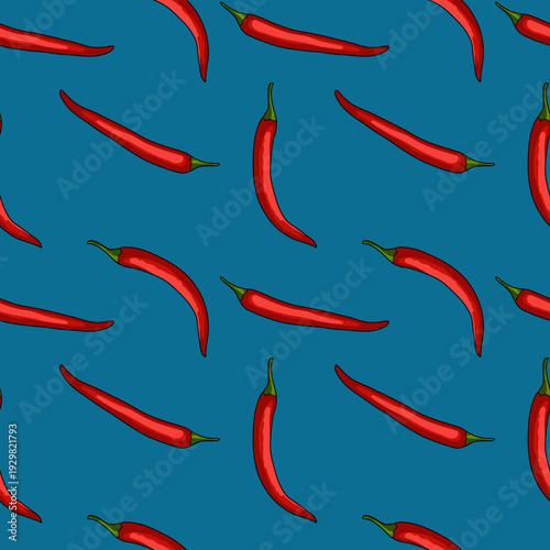 Seamless pattern of red chili peppers (Capsicum annuum L) on dark blue background.