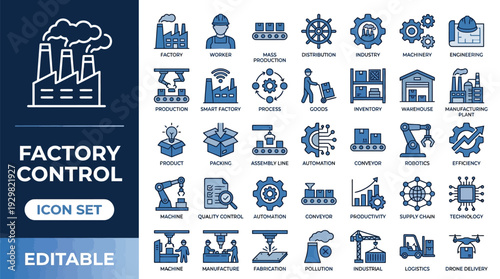 Factory icon set. featuring industry, production, machine, manufacture, warehouse, fabrication, goods, Technology, Engineering, Logistics, Efficiency and more. perfect vector icons collection.