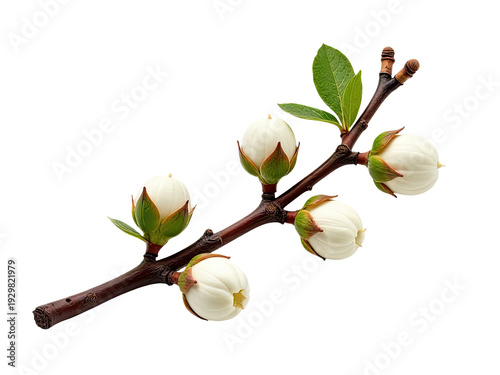 A close-up shot of a tree branch covered in white flowers